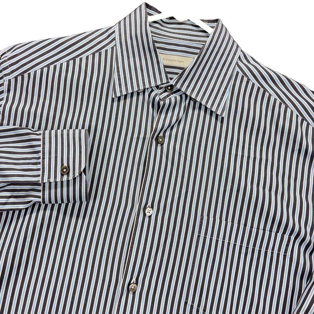 Ermenegildo Zegna Dress Shirt Mens L Blue Striped Button Down Long Sleeves ITALY